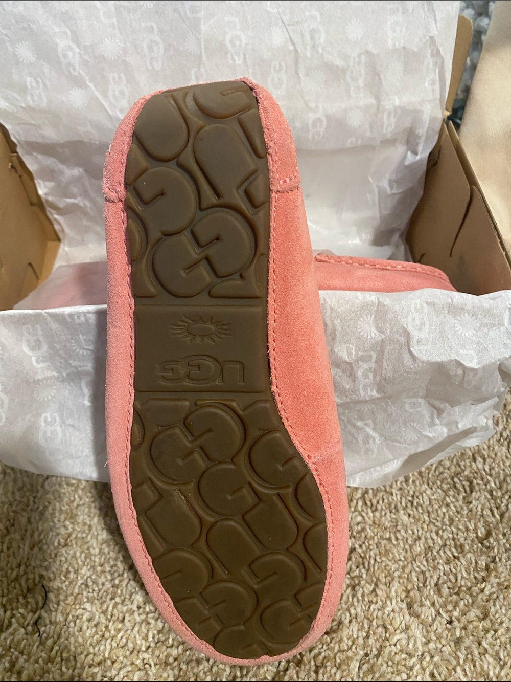 UGG Women’s Coral Pink Suede Moccasin Slippers - Picture 3 of 7